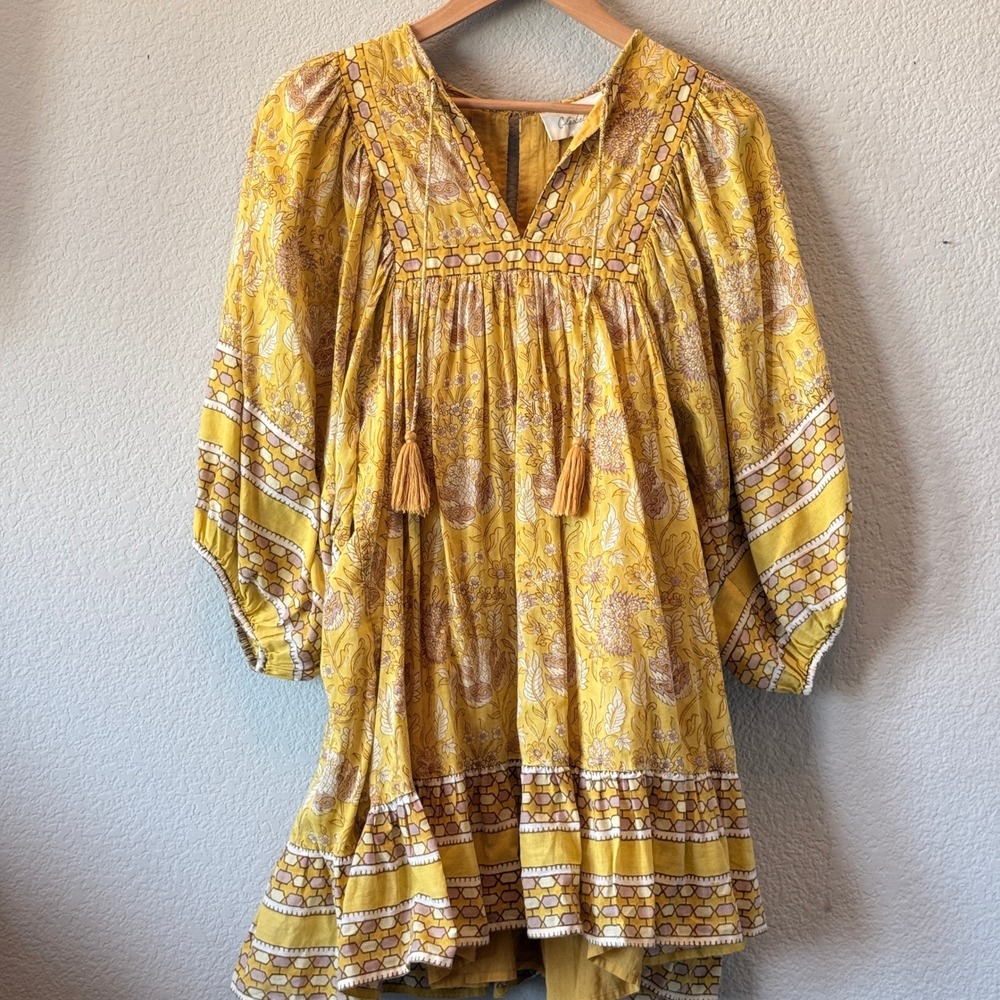 Cleobella Mini Dress Cotton Floral Woodblock Boho Yellow Womens XS Tassel Tie